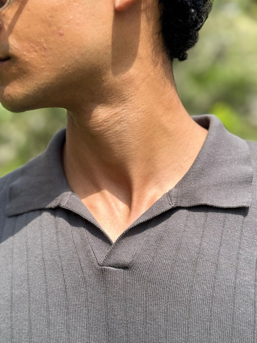 Grey Drop Needle Johnny Collar Polo made with 100% Combed Cotton by 1947 Clothing