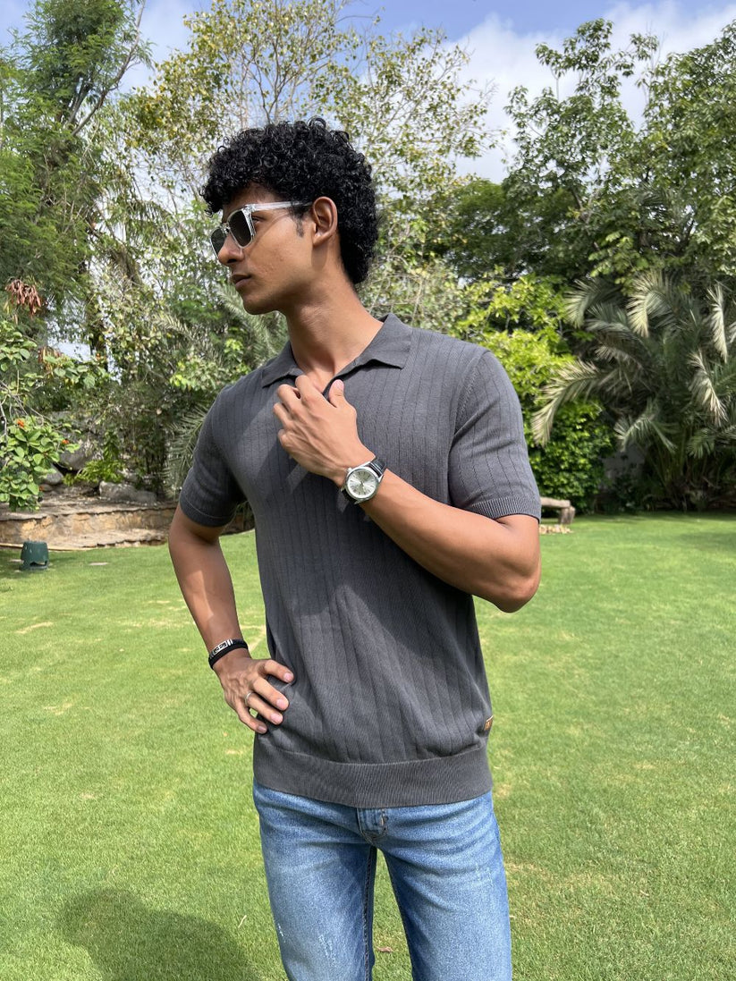 Grey Drop Needle Johnny Collar Polo made with 100% Combed Cotton by 1947 Clothing
