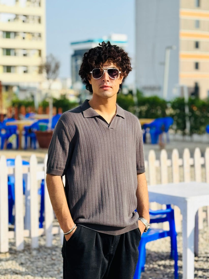Grey Drop Needle Johnny Collar Polo made with 100% Combed Cotton by 1947 Clothing