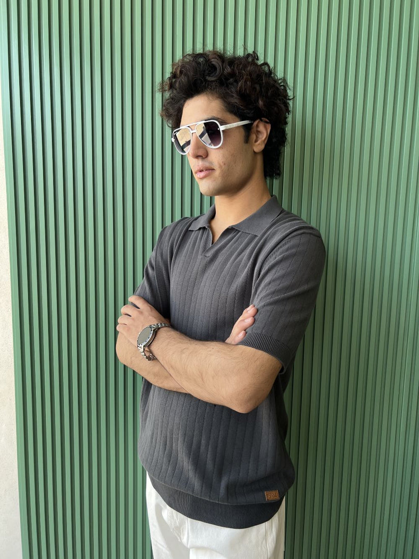Grey Drop Needle Johnny Collar Polo made with 100% Combed Cotton by 1947 Clothing