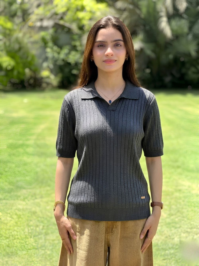 Grey Knitted Drop Needle Johnny Collar Polo by 1947 Clothing