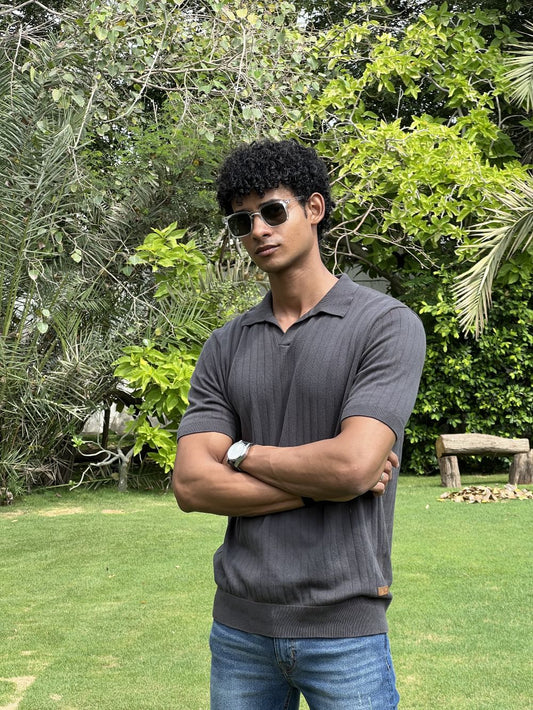Grey Drop Needle Johnny Collar Polo made with 100% Combed Cotton by 1947 Clothing