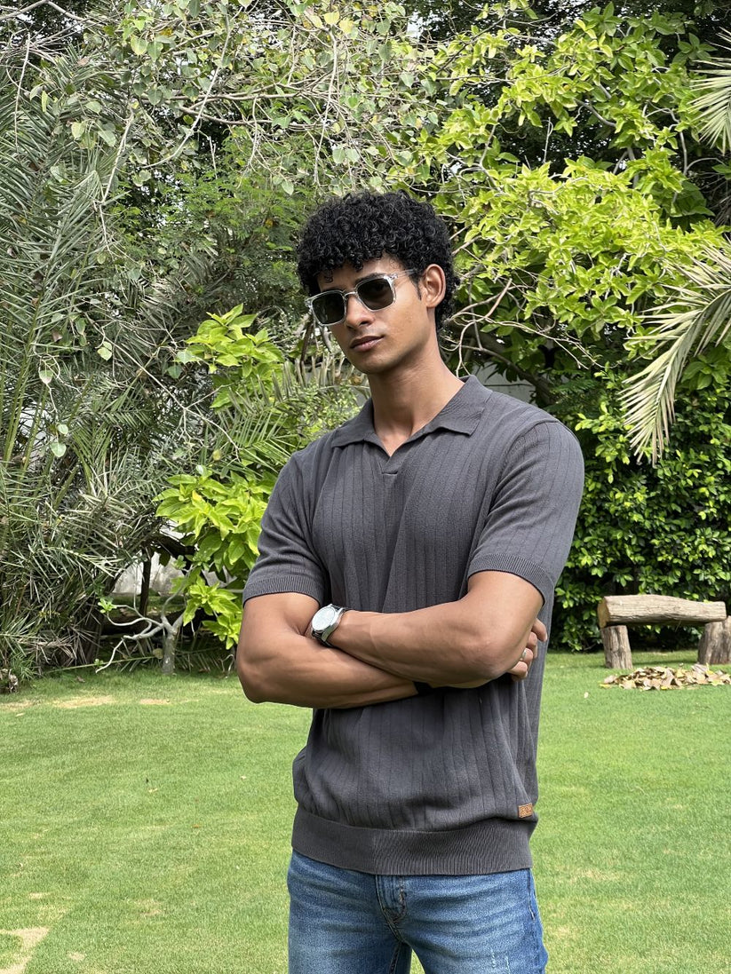 Grey Drop Needle Johnny Collar Polo made with 100% Combed Cotton by 1947 Clothing