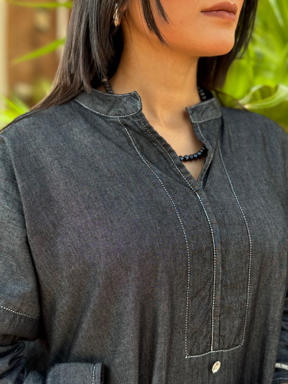 Kohl Grey Denim Mid Length Shirt with Tulip Trouser made from light weight denim by 1947 Clothing