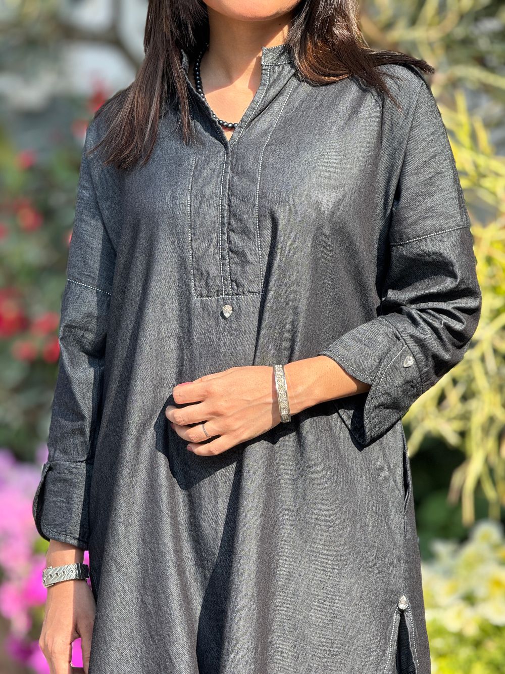 Kohl Grey Denim Mid Length Shirt with Tulip Trouser made from light weight denim by 1947 Clothing