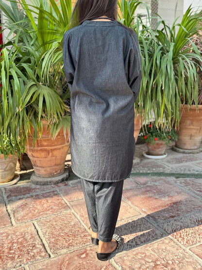Kohl Grey Denim Mid Length Shirt with Tulip Trouser made from light weight denim by 1947 Clothing