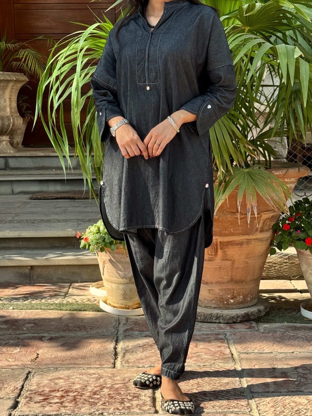 Kohl Grey Denim Mid Length Shirt with Tulip Trouser made from light weight denim by 1947 Clothing