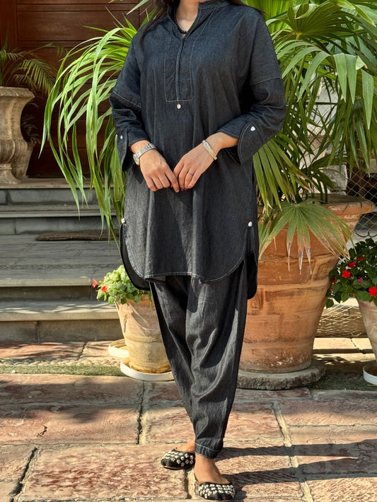 Kohl Grey Denim Mid Length Shirt with Tulip Trouser made from light weight denim by 1947 Clothing