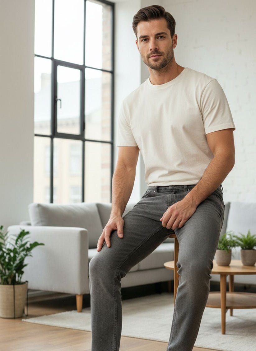 Men’s slim straight grey jeans with stretch fabric finish