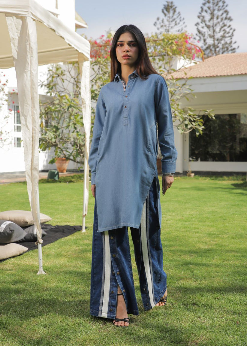 Women's Denim Kurta in Blue with Exquisite Twill Tape Detailing on the Collar and Cuffs