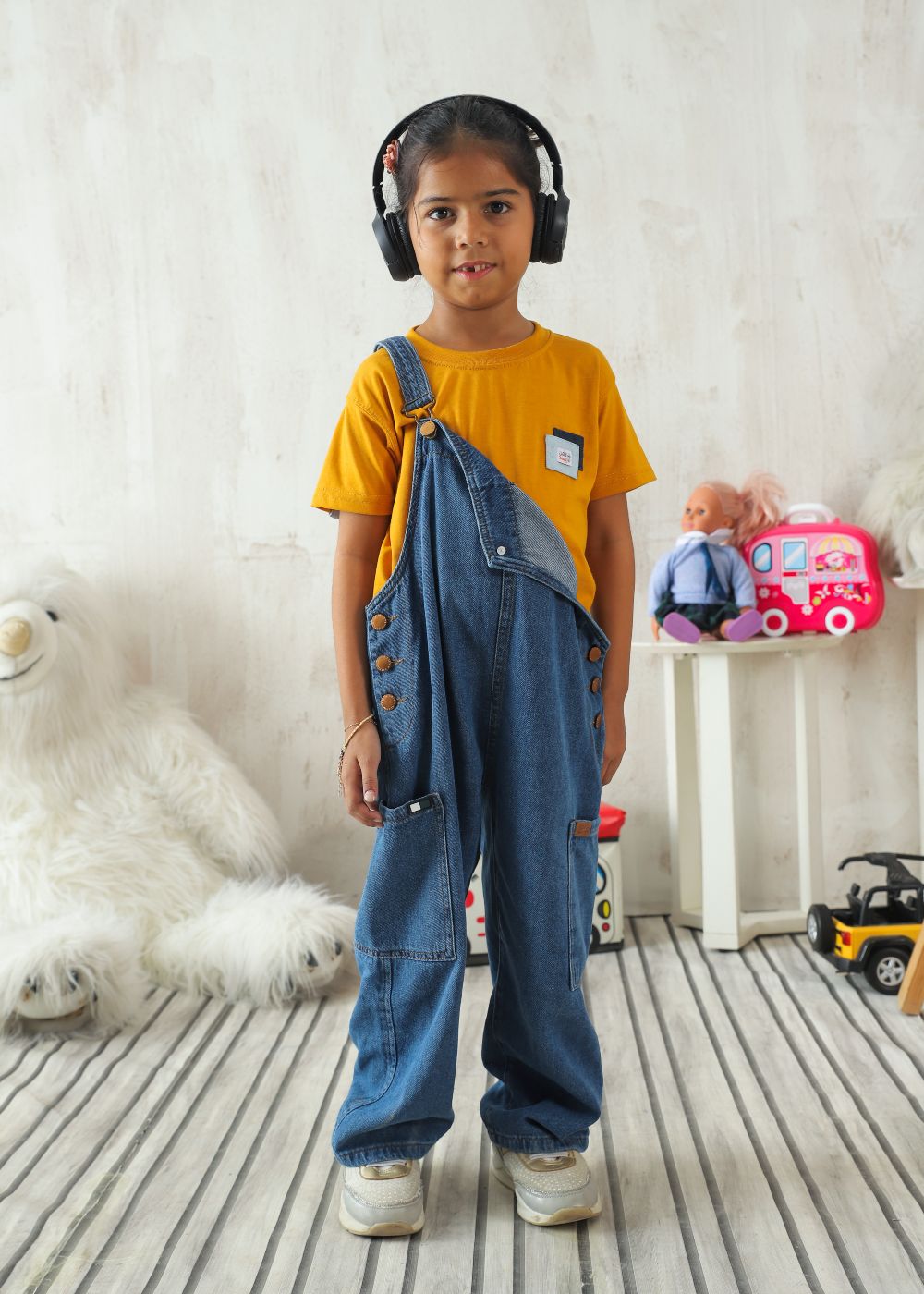 Girls Mid Blue Dungaree