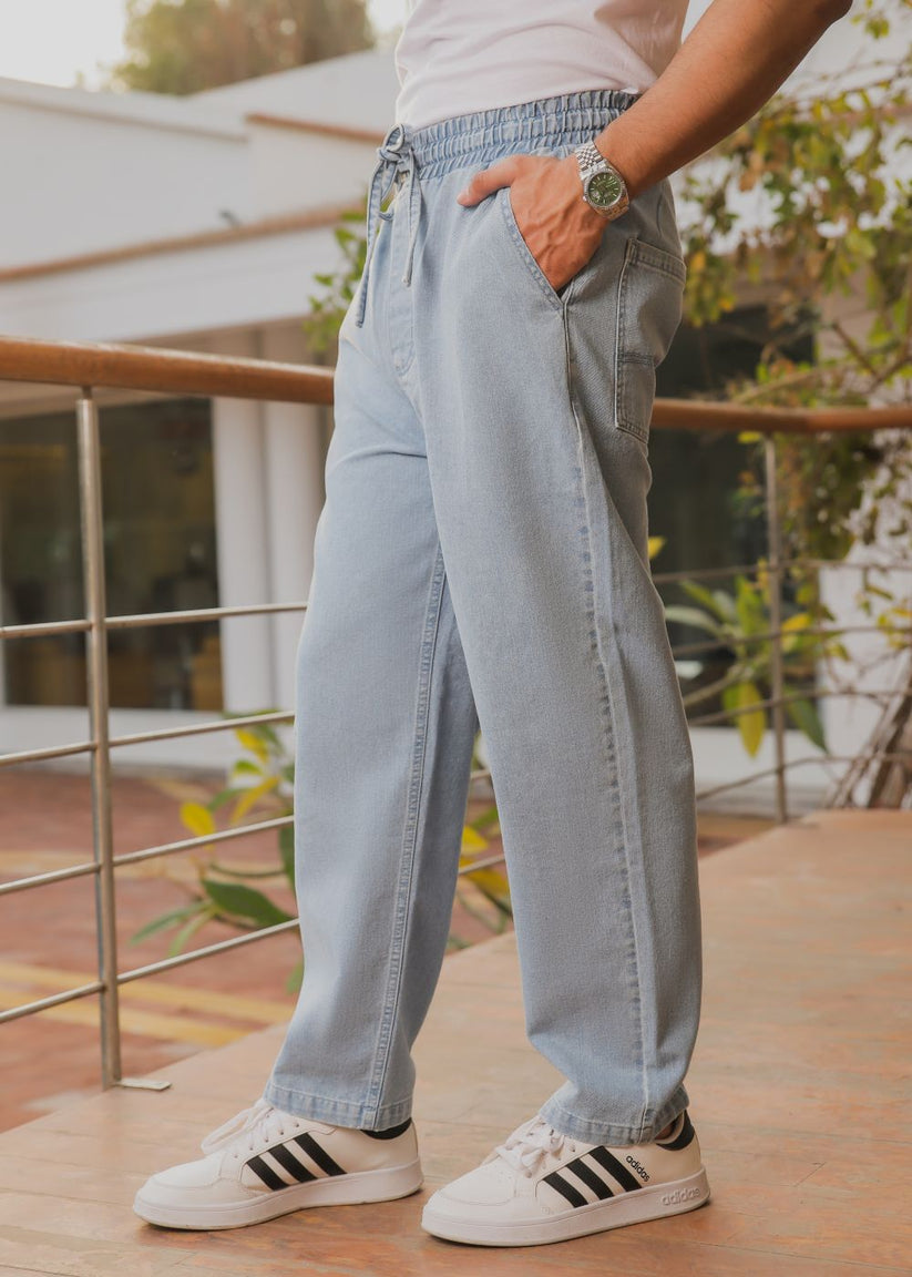 Ice blue relaxed jog jeans men loose fit elastic waist casual summer street style