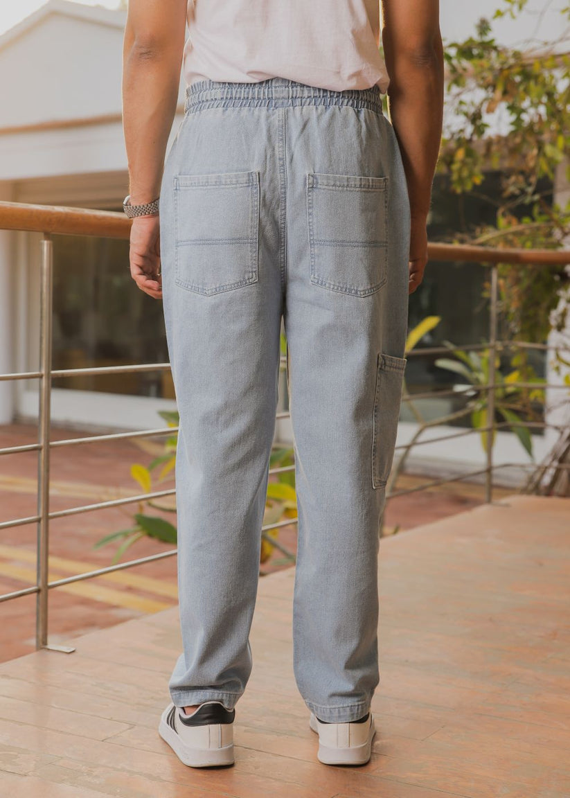 Ice blue relaxed jog jeans men loose fit elastic waist casual summer street style