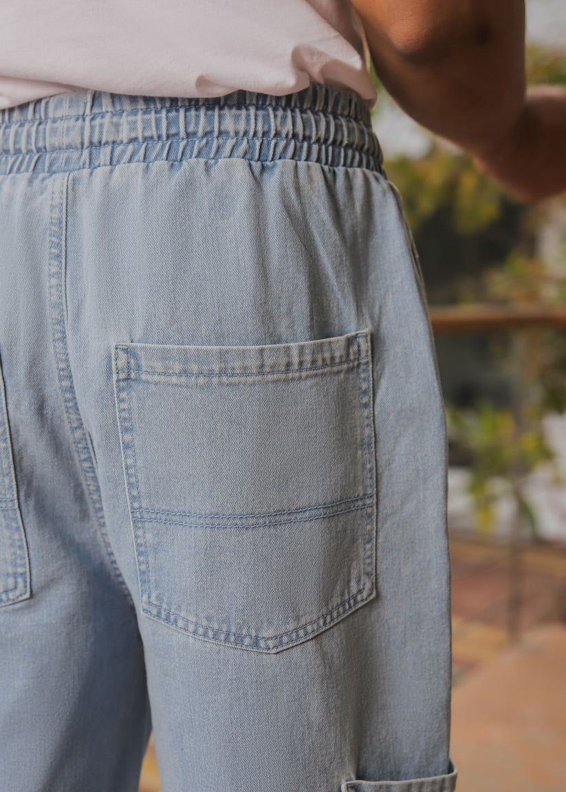 Ice blue relaxed jog jeans men loose fit elastic waist casual summer street style