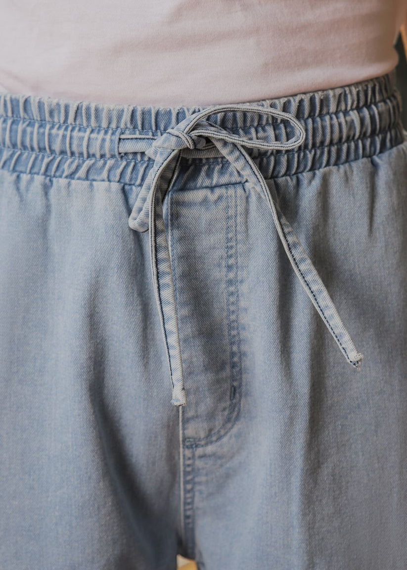 Ice blue relaxed jog jeans men loose fit elastic waist casual summer street style