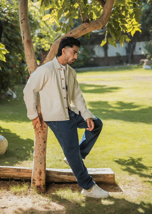 Classic White Shacket & Blue Urban Pleat Jeans Look