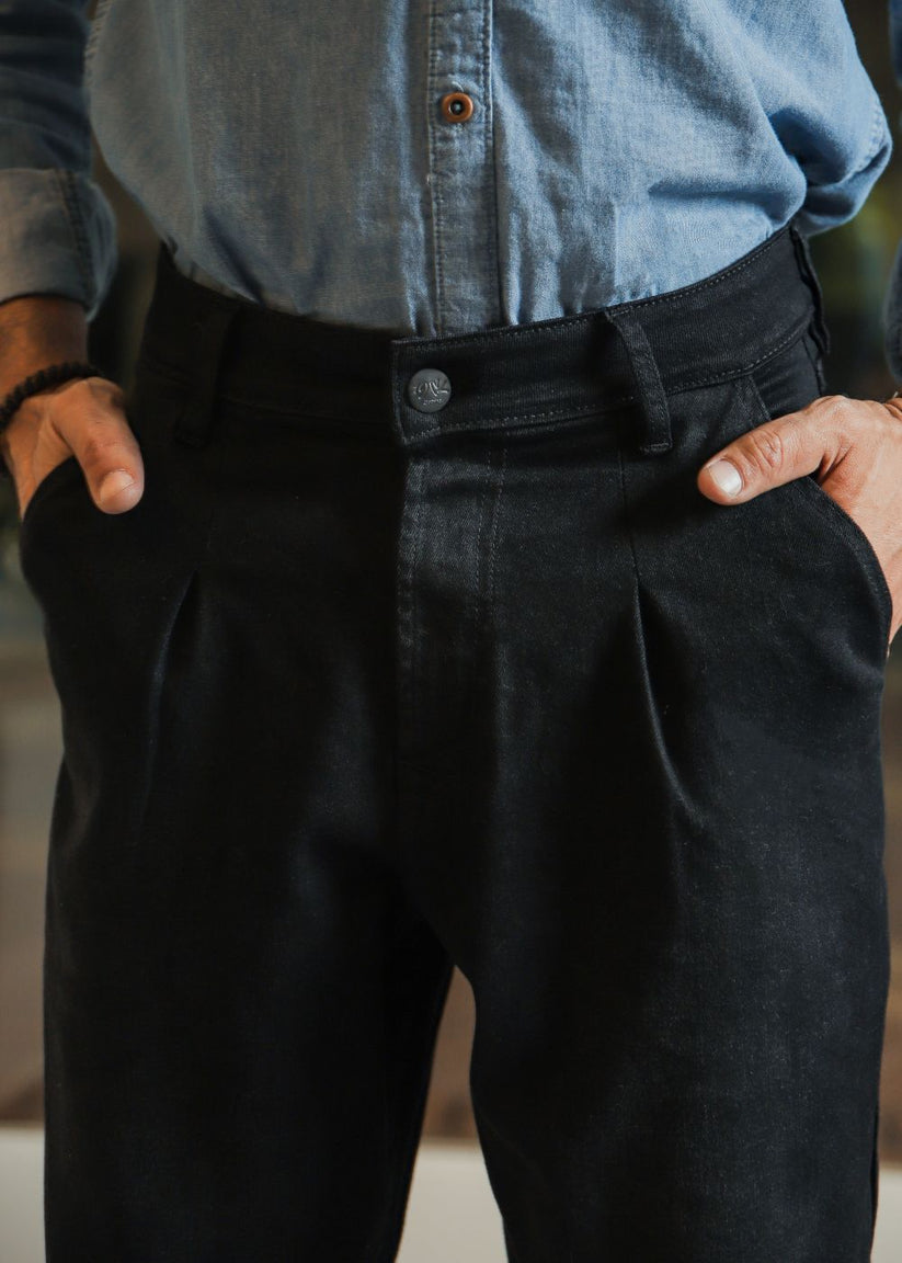 Black pleated relaxed jeans men loose fit formal style clean minimal evening outfit