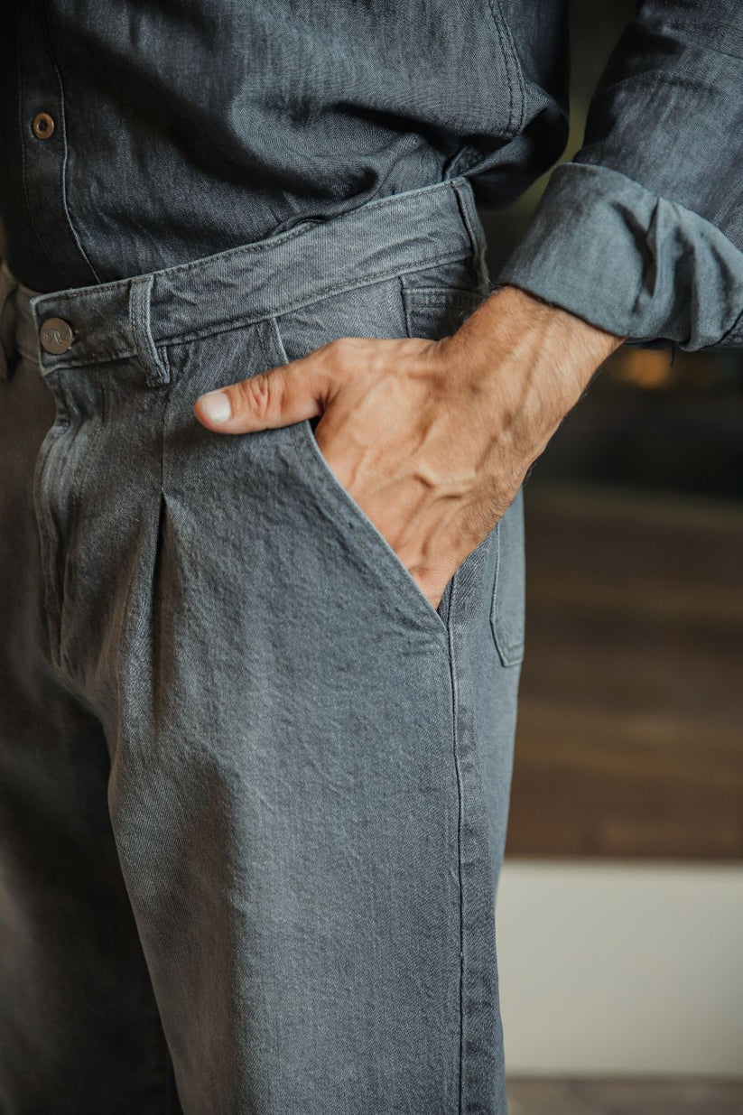 Grey pleated relaxed jeans men loose fit soft fabric tailored smart casual look
