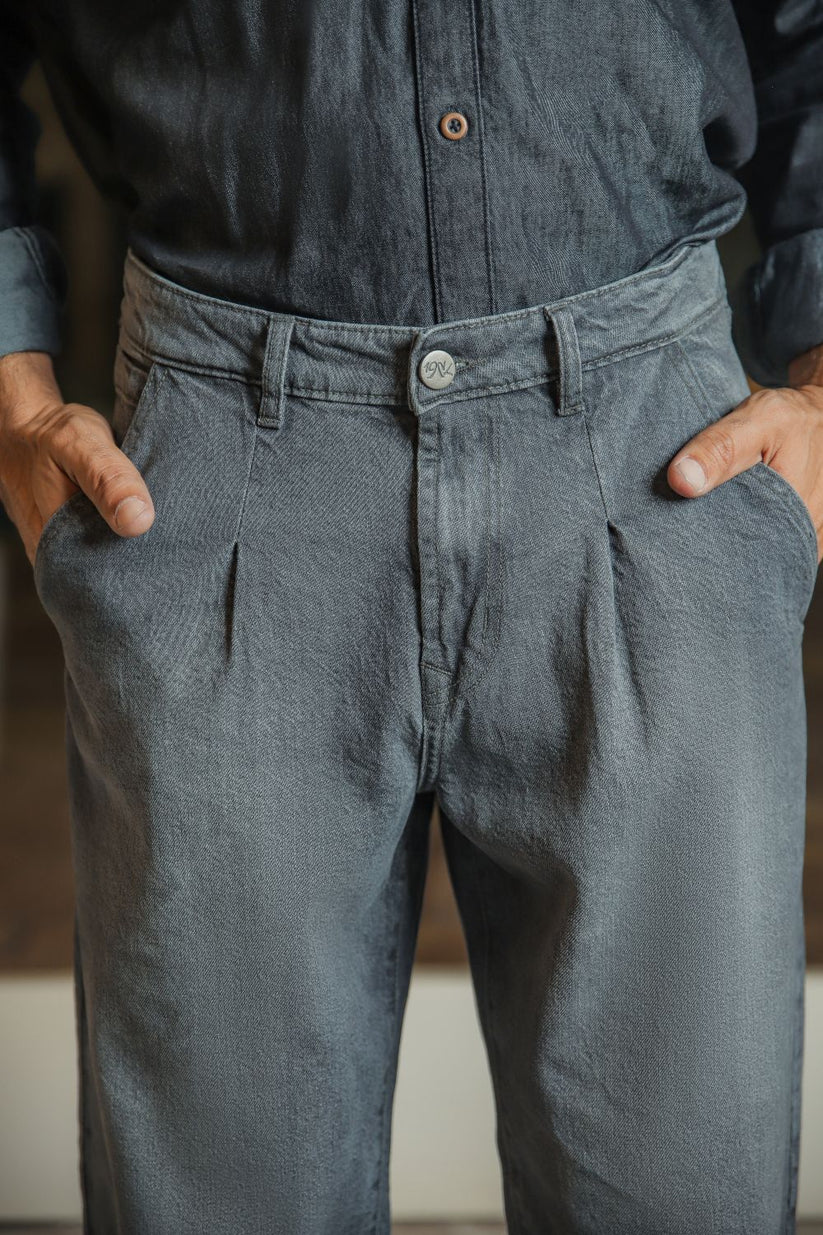 Grey pleated relaxed jeans men loose fit soft fabric tailored smart casual look