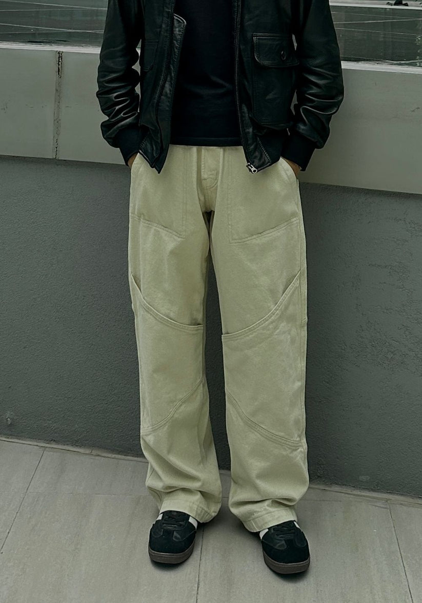 Beige patchline loose fit jeans men wide leg panel design modern streetwear look