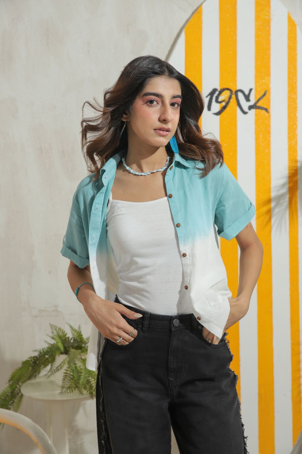 Sea Breeze Teal Half Sleeves Shirt-Her