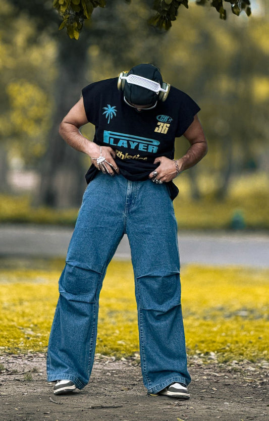 Men’s slim straight mid blue jeans with side pocket detailing