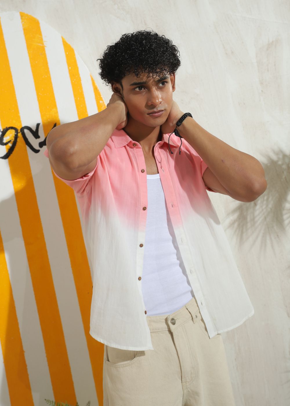 Men's salmon pink half sleeve shirt with lightweight casual design