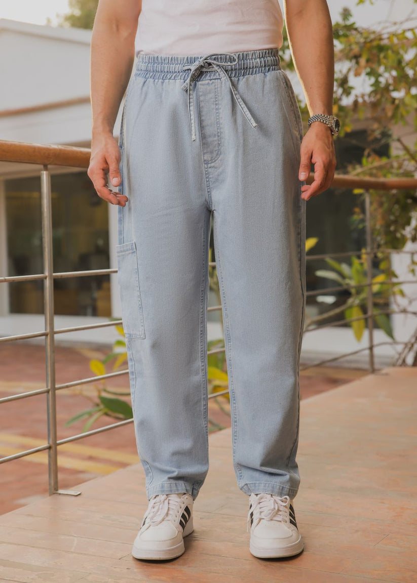 Ice blue relaxed jog jeans men loose fit elastic waist casual summer street style
