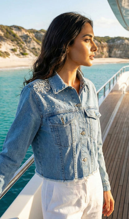 Women's Cropped Jacket in Ice Blue Featuring Exquisite Swarovski Crystal Embellishments 
