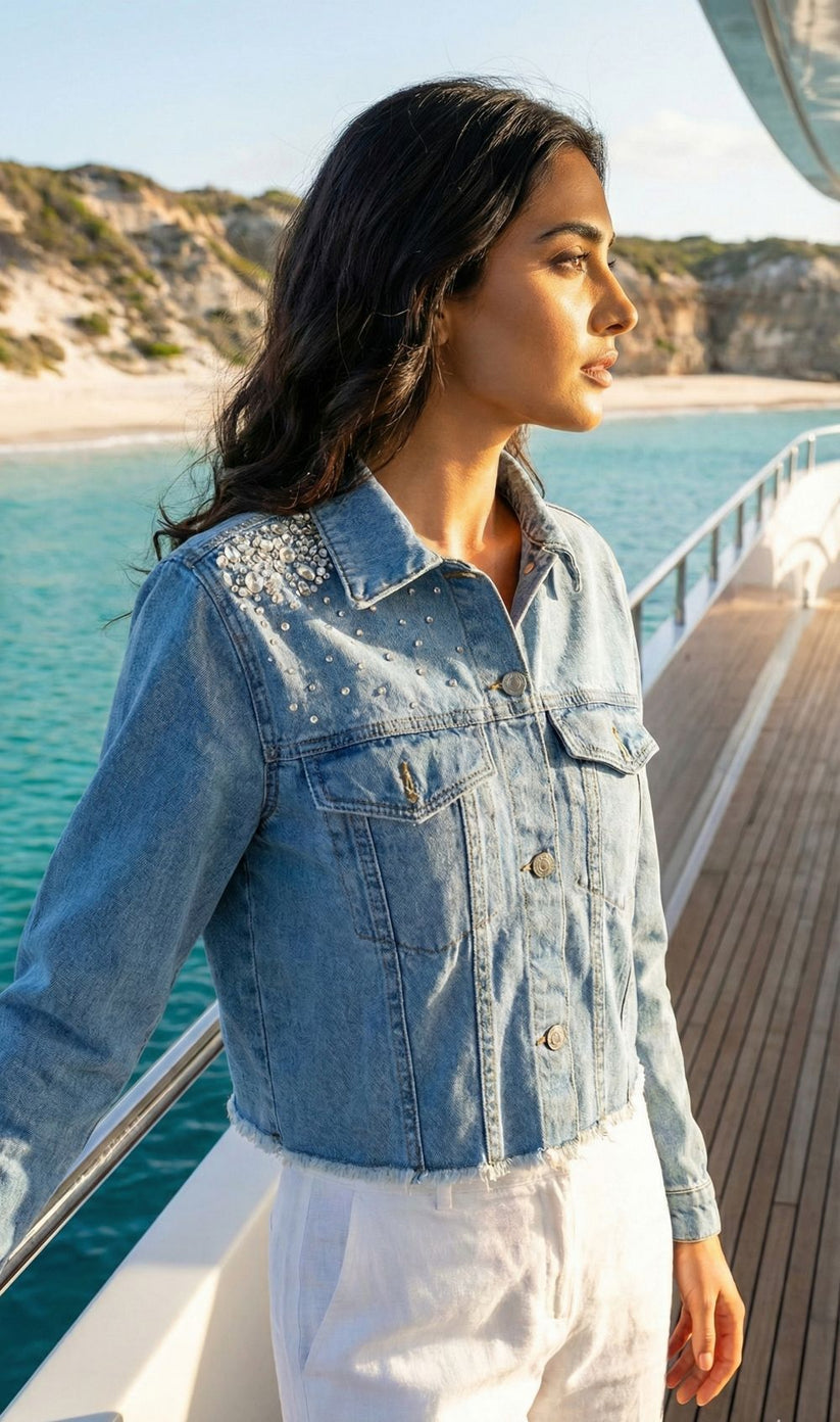 Women's Cropped Jacket in Ice Blue Featuring Exquisite Swarovski Crystal Embellishments 