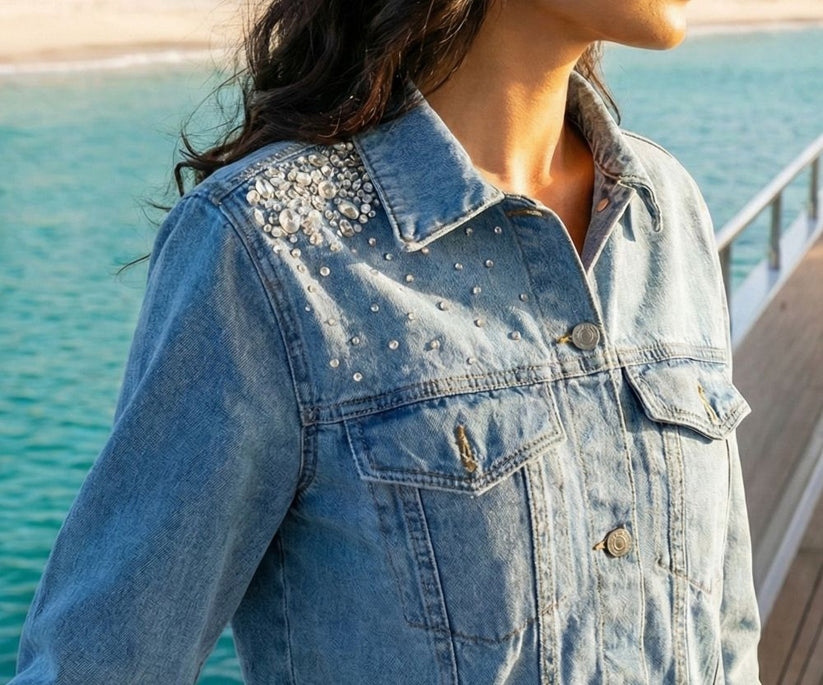 Women's Cropped Jacket in Ice Blue Featuring Exquisite Swarovski Crystal Embellishments 
