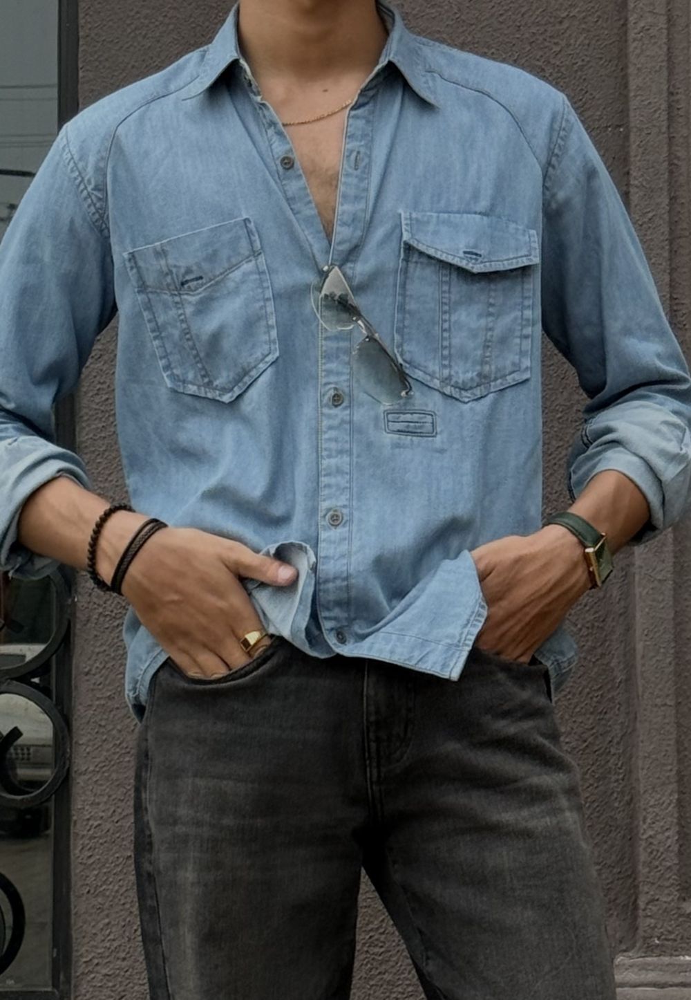 Men's Denim Button Up Shirt in Light Blue by 1947 Clothing