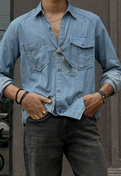 Men's Denim Button Up Shirt in Light Blue by 1947 Clothing