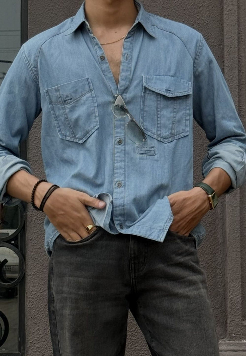 Men's Denim Button Up Shirt in Light Blue by 1947 Clothing