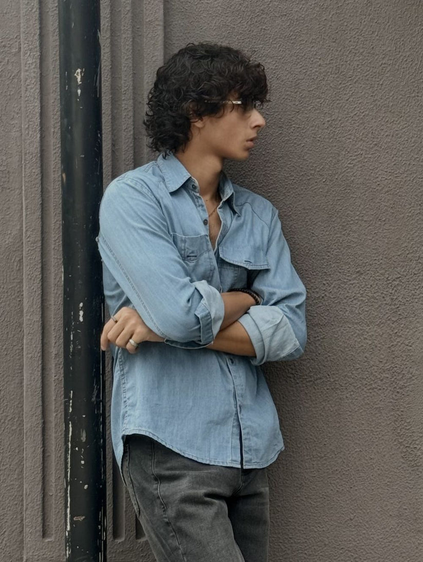 Men's Denim Shirt in Light Blue with 2  Front Pockets by 1947 Clothing