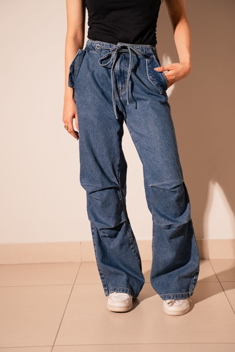 Women's Pleated Jeans in Dark Blue