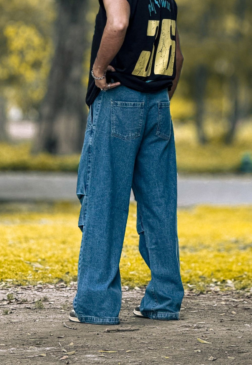 Men’s slim straight mid blue jeans with side pocket detailing
