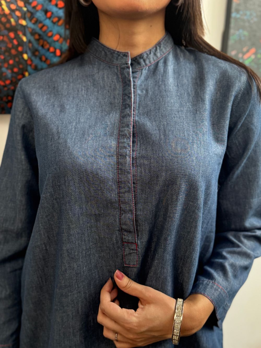 Mid Blue Denim Mid Length Shirt with Tulip Trouser made from light weight denim by 1947 Clothing