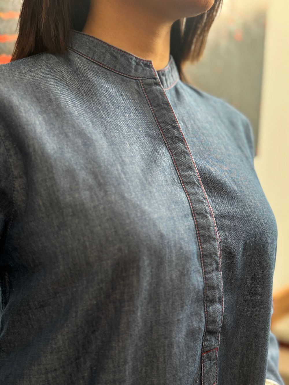 Mid Blue Denim Mid Length Shirt with Tulip Trouser made from light weight denim by 1947 Clothing
