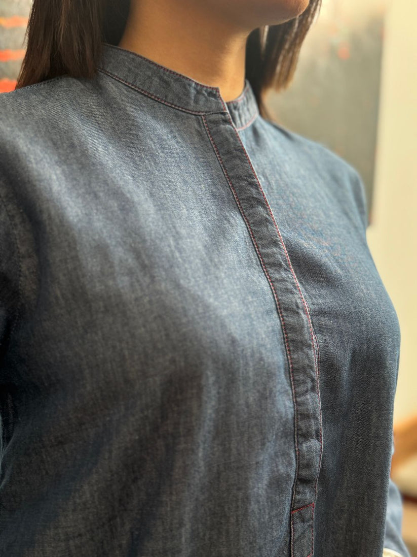 Mid Blue Denim Mid Length Shirt with Tulip Trouser made from light weight denim by 1947 Clothing