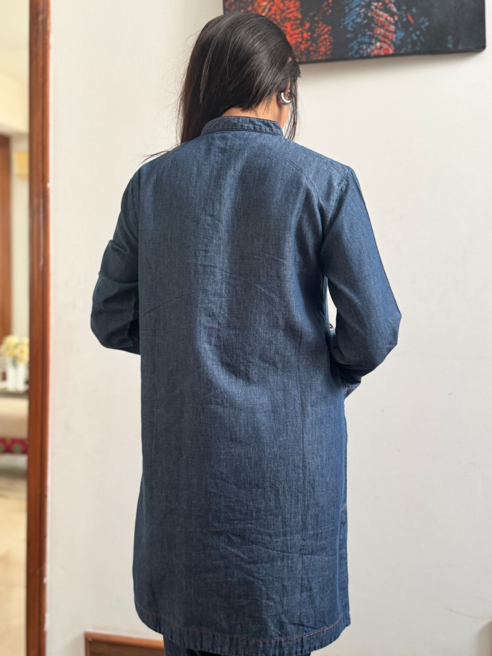 Mid Blue Denim Mid Length Shirt with Tulip Trouser made from light weight denim by 1947 Clothing