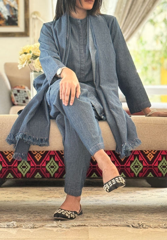Mid Blue Denim Mid Length Shirt with Tulip Trouser made from light weight denim by 1947 Clothing