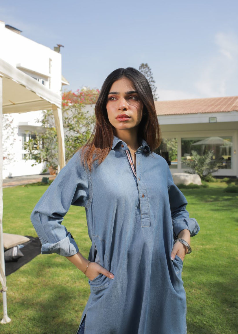Women's Denim Kurta in Blue with Exquisite Twill Tape Detailing on the Collar and Cuffs
