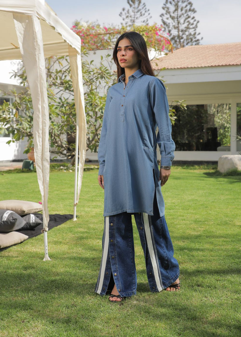 Women's Denim Kurta in Blue with Exquisite Twill Tape Detailing on the Collar and Cuffs