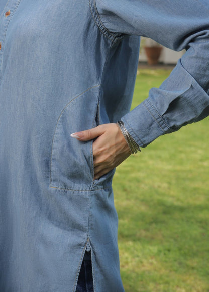 Women's Denim Kurta in Blue with Exquisite Twill Tape Detailing on the Collar and Cuffs