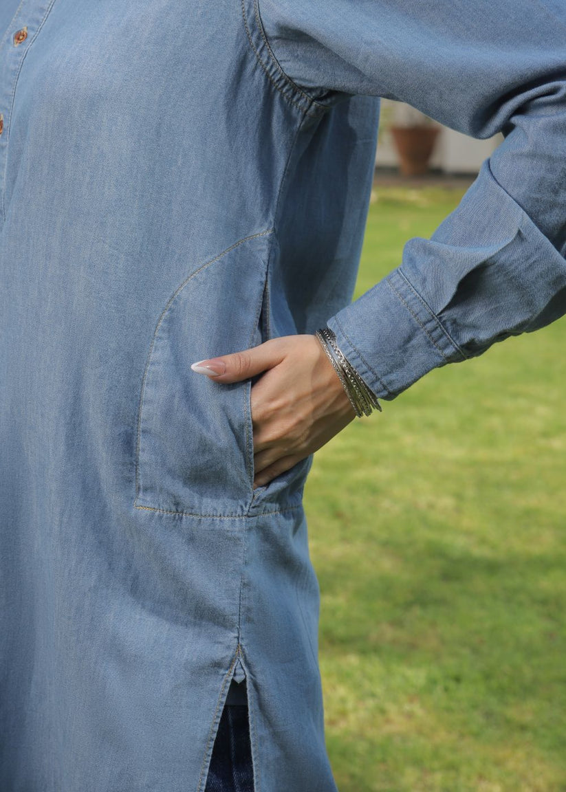 Women's Denim Kurta in Blue with Exquisite Twill Tape Detailing on the Collar and Cuffs