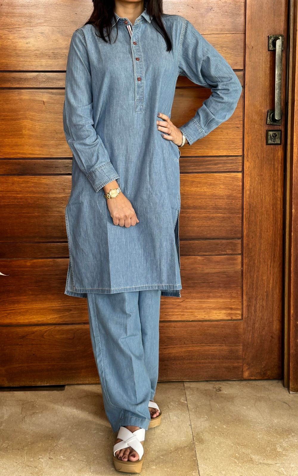 Women's Denim Kurta in Blue with Exquisite Twill Tape Detailing on the Collar and Cuffs
