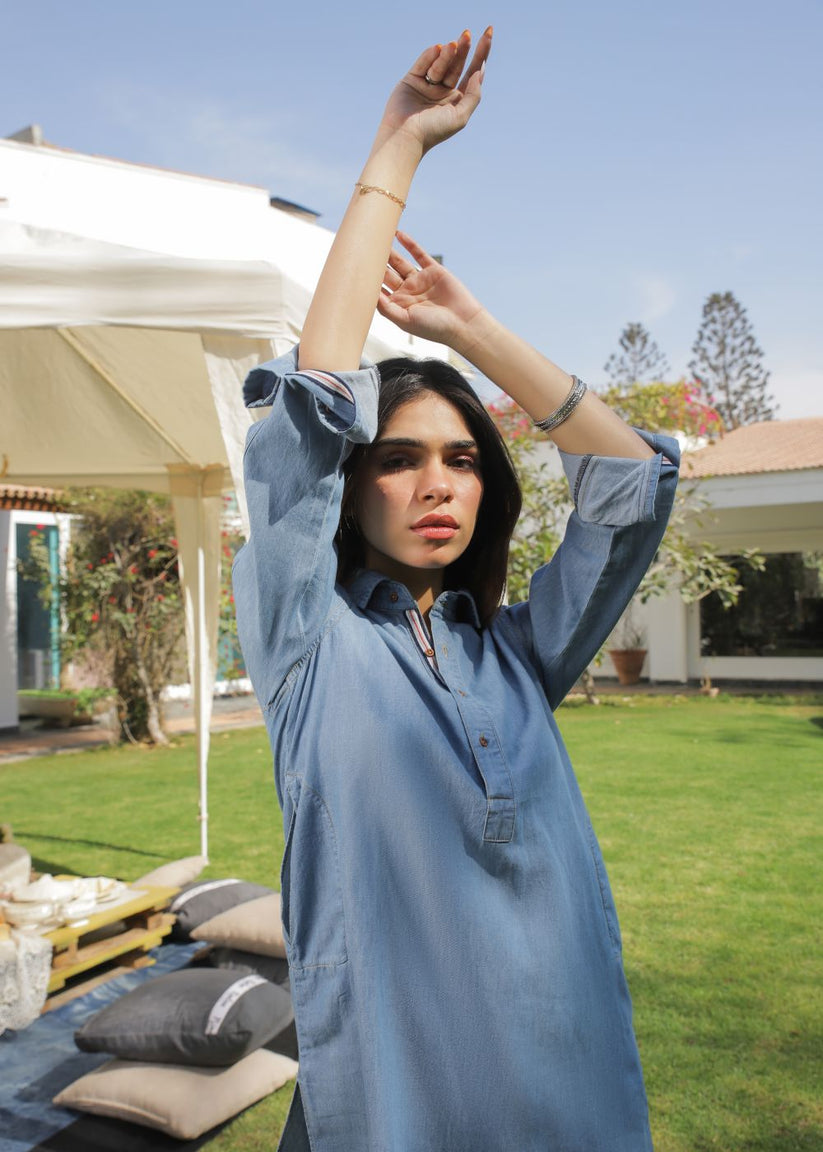 Women's Denim Kurta in Blue with Exquisite Twill Tape Detailing on the Collar and Cuffs
