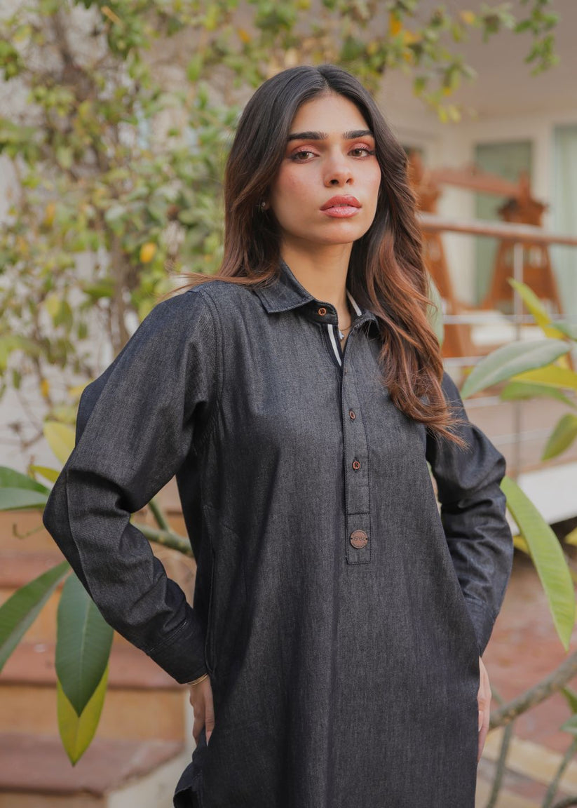 Women's Denim Kurta in Charcoal Grey