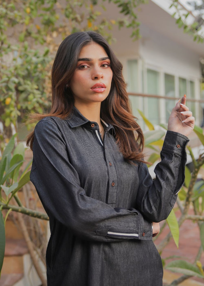 Women's Denim Kurta in Charcoal Grey